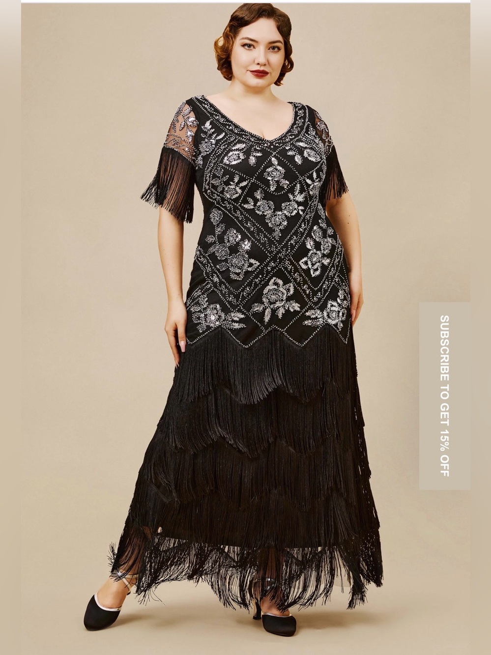 Black Beaded Fringe Midi Dress with Silver Embellishment